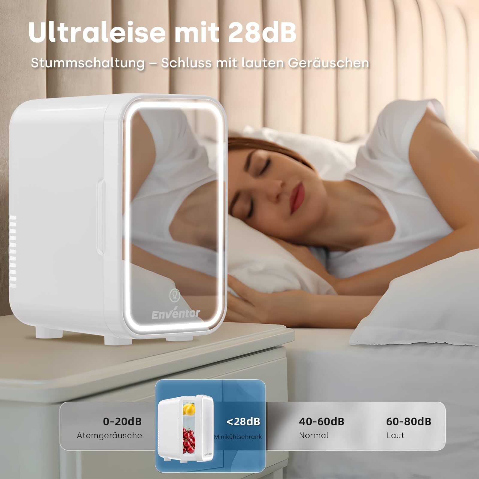 Enventor Mini-Kühlschrank 6L, mit Dimmbarem LED-Lichtspiegel, Weiß | Kosmetik Kühlschrank, Kühler & Wärmer, AC+12V DC für Schlafzimmer, Zuhause, Auto/Hautpflege und Lebensmittel
