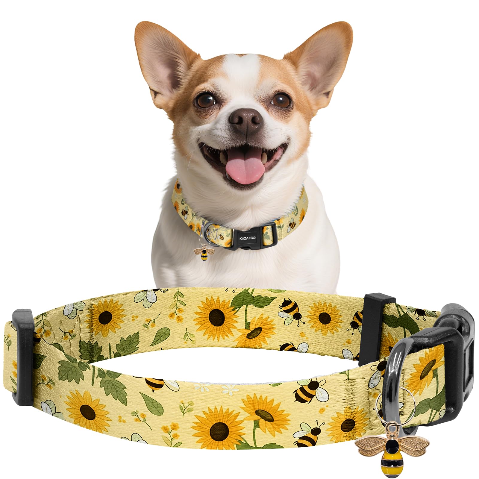 Kazazoo Dog Collar Cute and Soft Nylon Puppy Collar for Boy and Girl Dogs, Adjustable Dog Collars for Extra Small Dogs, Bees and Sunflowers-XS