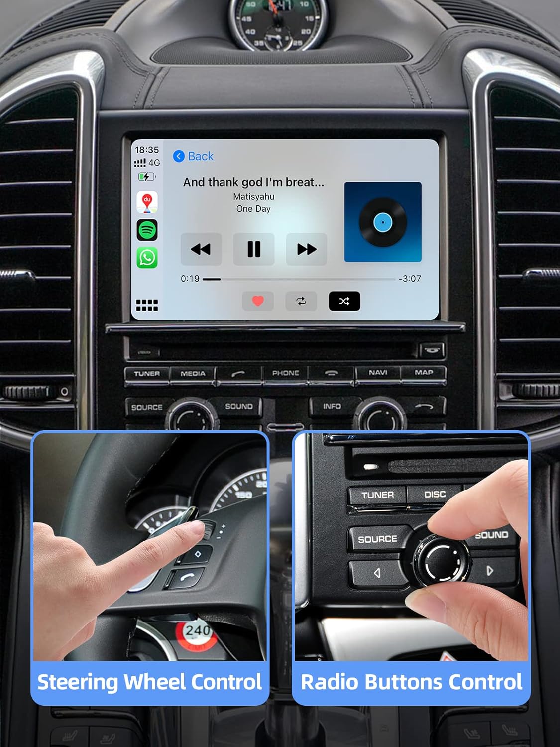 Images showing a hand interacting with a car's steering wheel controls and another hand adjusting a radio button, demonstrating control retention.