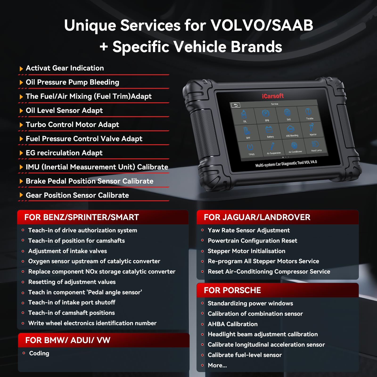 iCarsoft VOL V4.0 Bidirektionales Diagnose-Scan-Tool für Volvo/SAAB OBD2-Scanner + 2 Fahrzeugmarken, alle Systeme, alle Reset-Funktionen/Aktivierungstest/Batterie-Registrierungstool