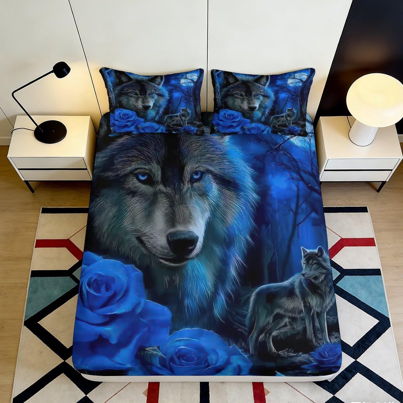 3D Printed Blue Wolf Floral Fitted Sheet Microfiber Soft Breathable Forest Night Bed Cover for Bedroom Dorm Dormitory Guest Room Protection 180x200x25cm