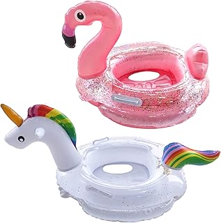 Fudragtn Inflatable Flamingo Unicorn Pool Floats for Kids, 2 Pack Swim Rings with Safety Seat and Handle, Pool Tubes for Floating, Fun Beach Floaties, Summer Party Pool Toys for Toddlers