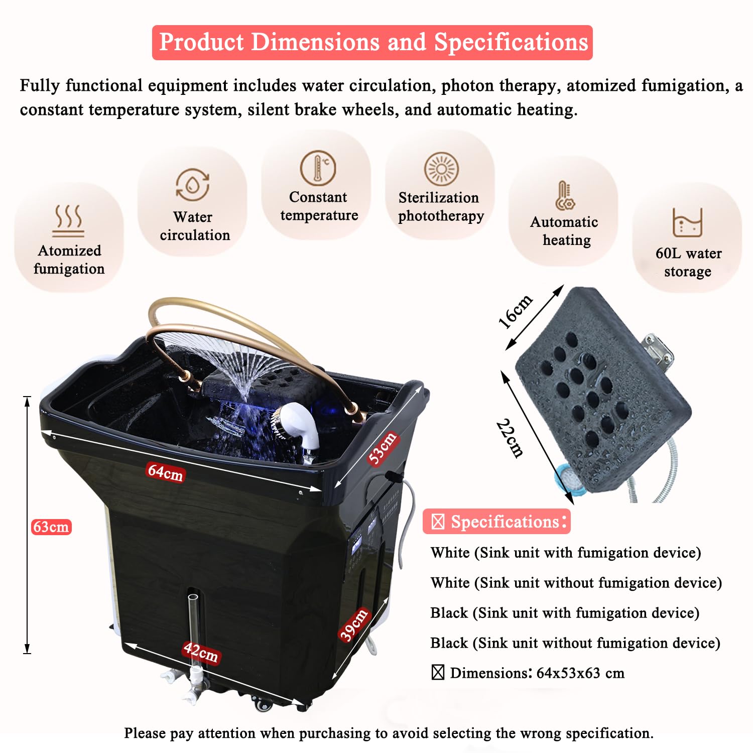 Lavacabezas Peluqueria con Tanque 60L, Lavacabezas Portatil para Casal con Ruedas, Lava Cabezas con Inhalador Vapor y Cubierta Vapor, Apto Para Spa Capilares y Salones de Peluquería, Negro