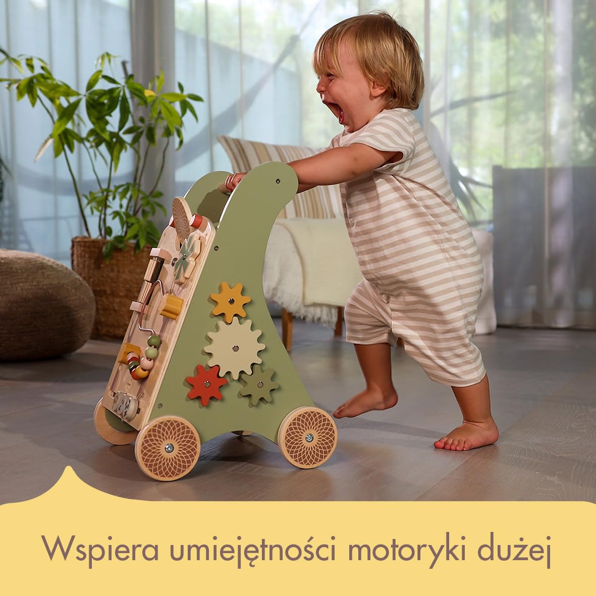 Tiny Love Drewniany chodzik, Interaktywny Chodzik edukacyjny 2 w 1, 12 interaktywnych zabaw, rozwija zdolności motoryczne, rozwój poznawczy, naturalna konstrukcja, od 18 miesięcy, Boho Chic
