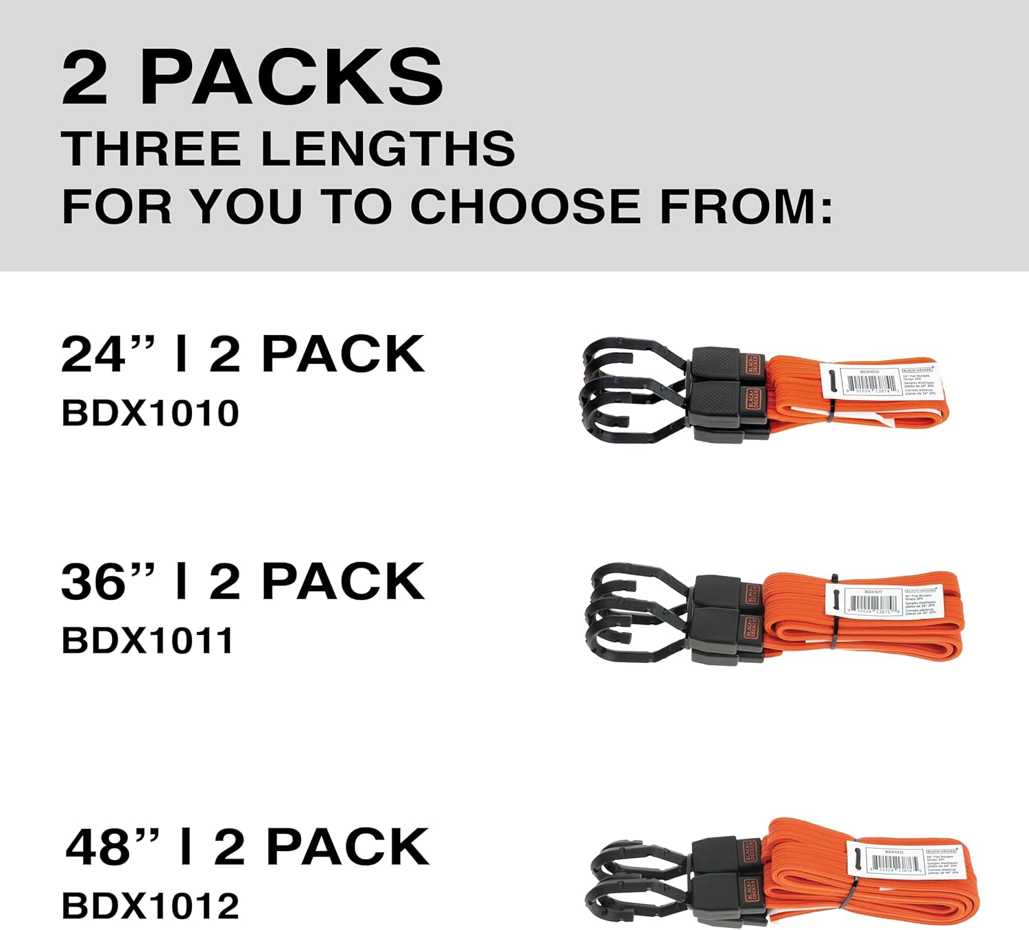 BLACK+DECKER BDX1010 Black/Orange 24" Flat Bungee Cord Straps, 2 Pack