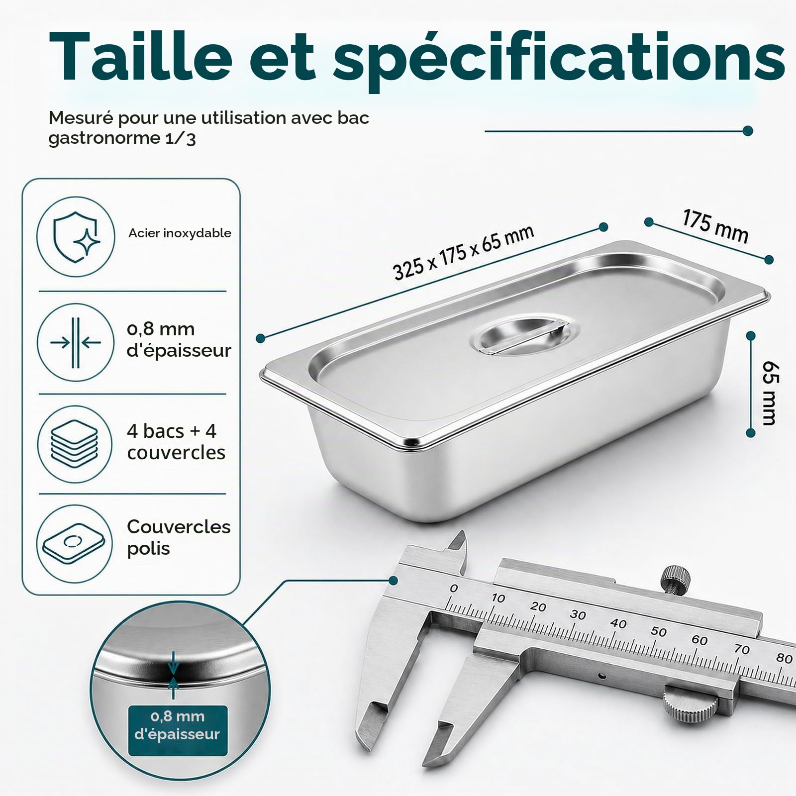 WOPPLXY Lot de 4 Plat Inox avec Couvercle, GN 1/3 Bac Inox avec Couvercle, 32,5 x 17,5 x 6,5 cm Bac Inoxs Alimentaire pour des Fours à Convection, des Bain-Maries, des Chafing Dishes