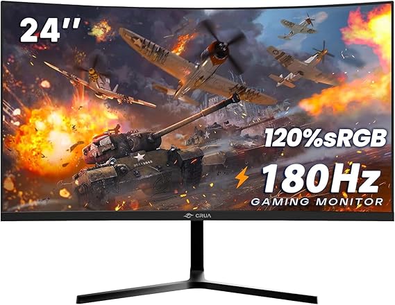 CRUA 24” Curved Gaming Monitor, 180Hz/144Hz FHD 1080P, Support 120% sRGB, AMD FreeSync, Low Motion Blur, Wall Mount Installs Compatible, for Office and Games(HDMI 1.4 & DP 1.2) – Black