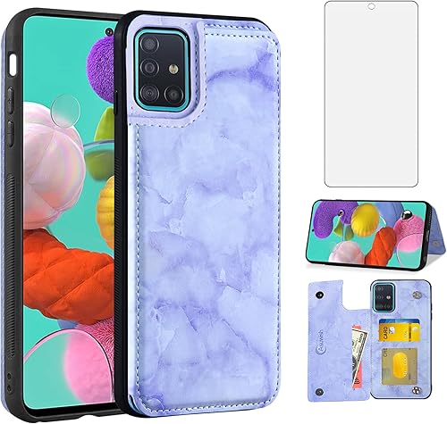 Asuwish Funda de teléfono para Samsung Galaxy A51 4G con protector de pantalla de vidrio templado y cartera de mármol con tapa abatible, soporte