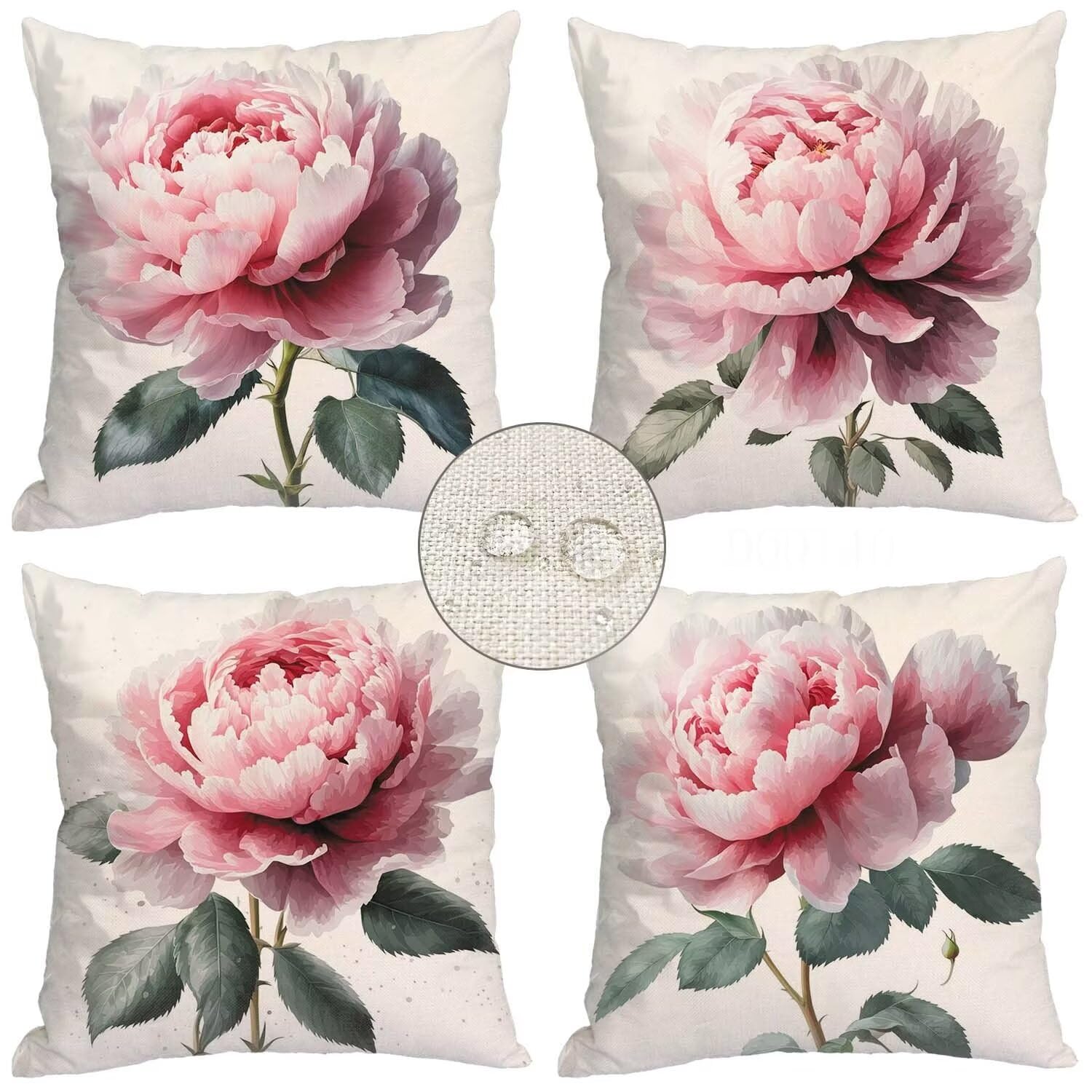 Confezione da 4 federe impermeabili per cuscini da esterno, 75 x 75 cm, motivo peonia, per giardino, tenda, divano, sedia e cuscini decorativi