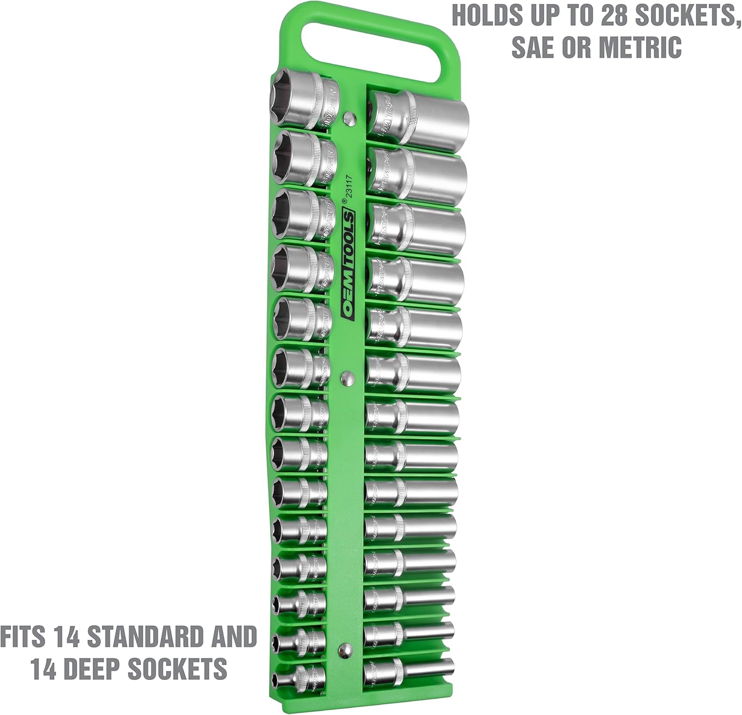 OEMTOOLS 23117 3/8" Drive Portable Magnetic Socket Organizer Tray, Magnetic Socket Holders Organizers For Tool Box, Shop, Or Garage, Holds Up To 28 Tools, Metric/SAE, Green