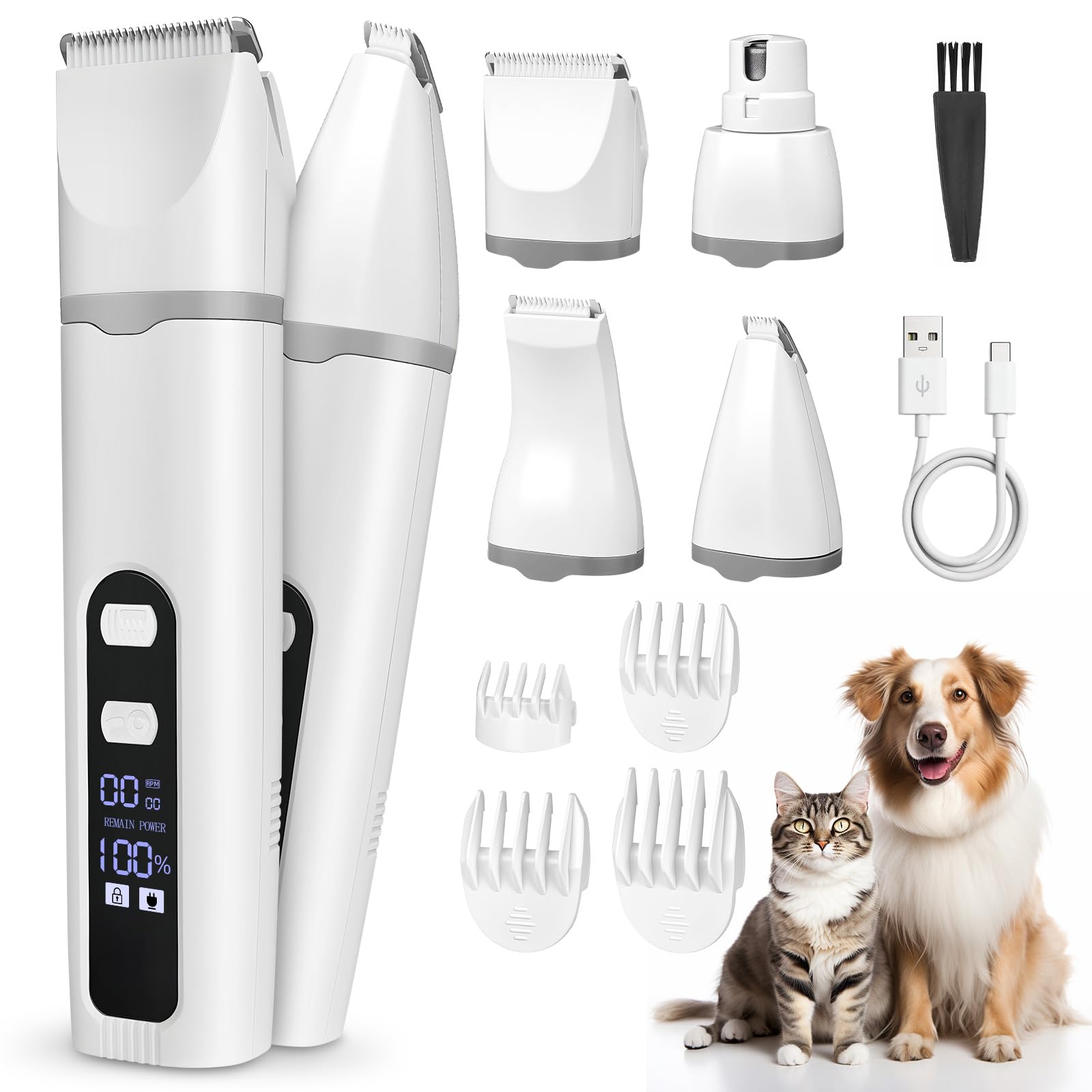 4 en 1 Tondeuse Chat Chien Set, Tondeuse silencieuse pour chat,USB-C,Tondeuses Professionnel Silencieux écran LCD pour Chats Chiens à Poils de Pattes Fesses et Poils Noués