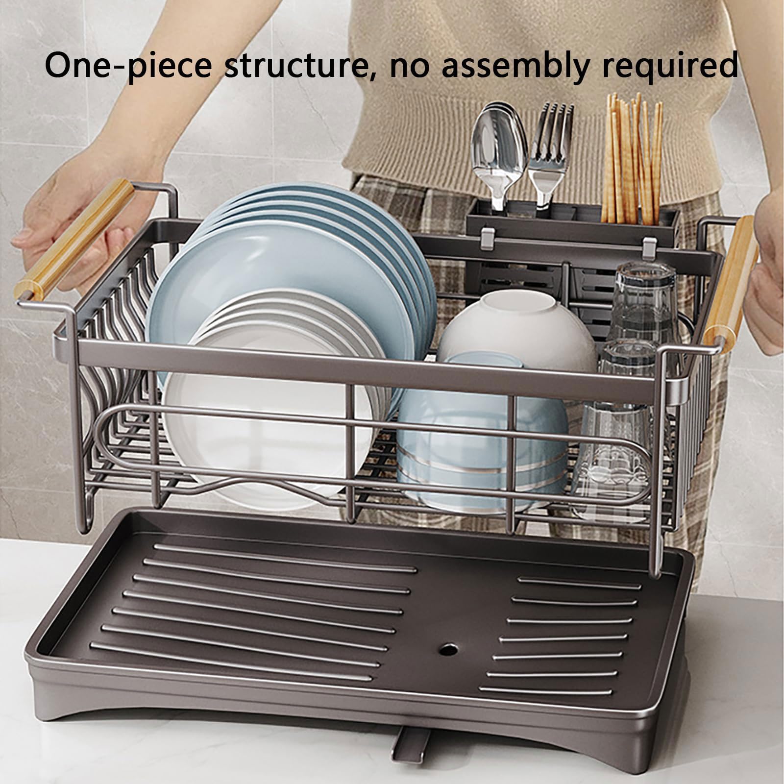 Escurridor de platos 46*31*23CM Escurreplatos Acero Inoxidable Cocina con Bandeja Recogegotas y Portacubiertos Secador Boquilla Giratoria 360° Ahorra Espacio Secaplatos para Encimera de Cocina