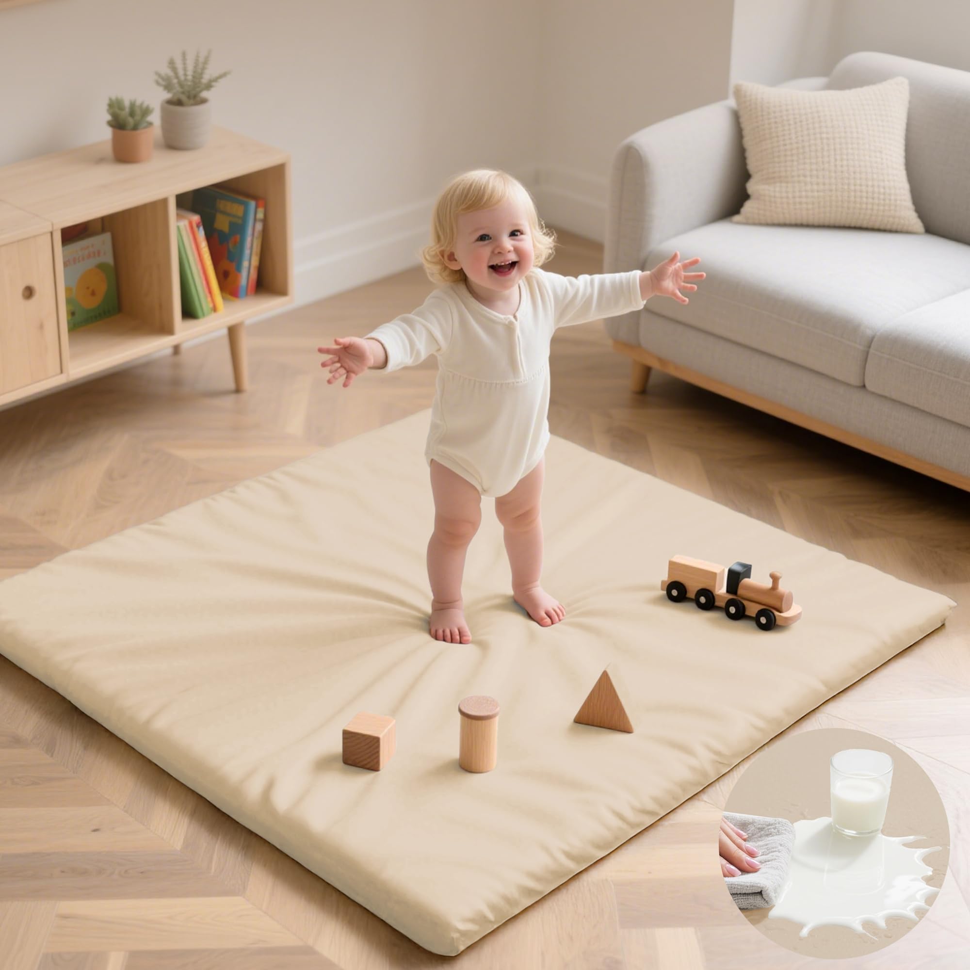 Tapete de juego para bebé de 50 x 50 pulgadas, acolchado impermeable de 1.3 pulgadas de grosor, tapete para corral de juegos con cuero vegano, antideslizante y no tóxico para bebés, niños
