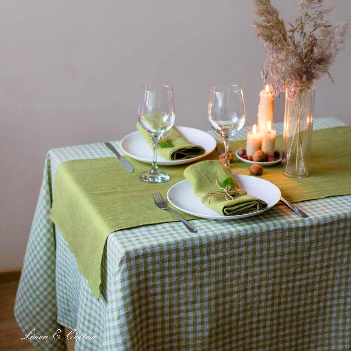 Linen & Cotton Tischdecke Estella - 100% Leinen, Weiß Grün 140 x 200