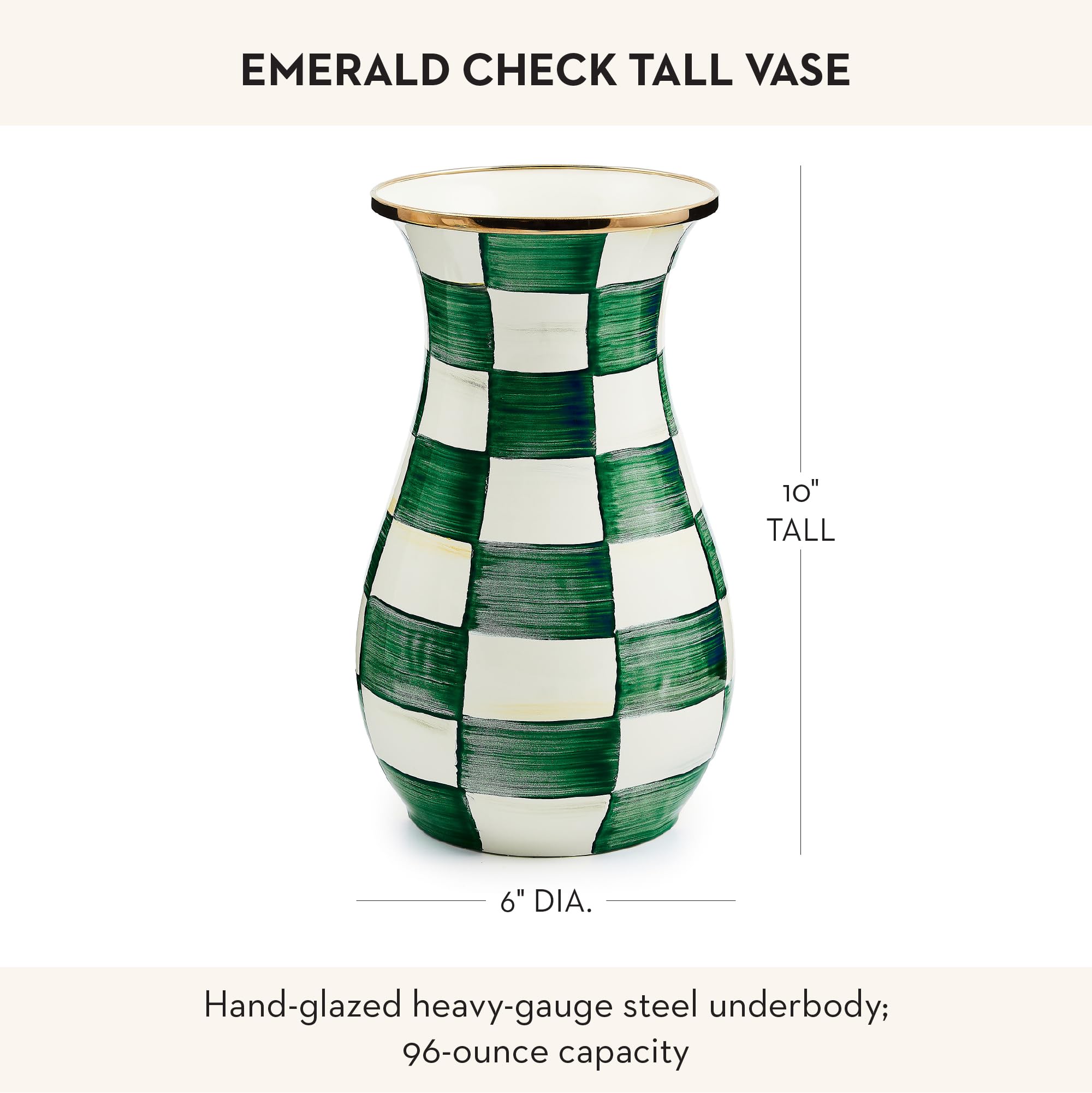 MACKENZIE-CHILDS Enamel Tall Vase Green-and-White Emerald Check | Hand-painted design decorative flower vase and bouquet holder made from enameled steel 6 dia. x 10 H product thumbnail 5