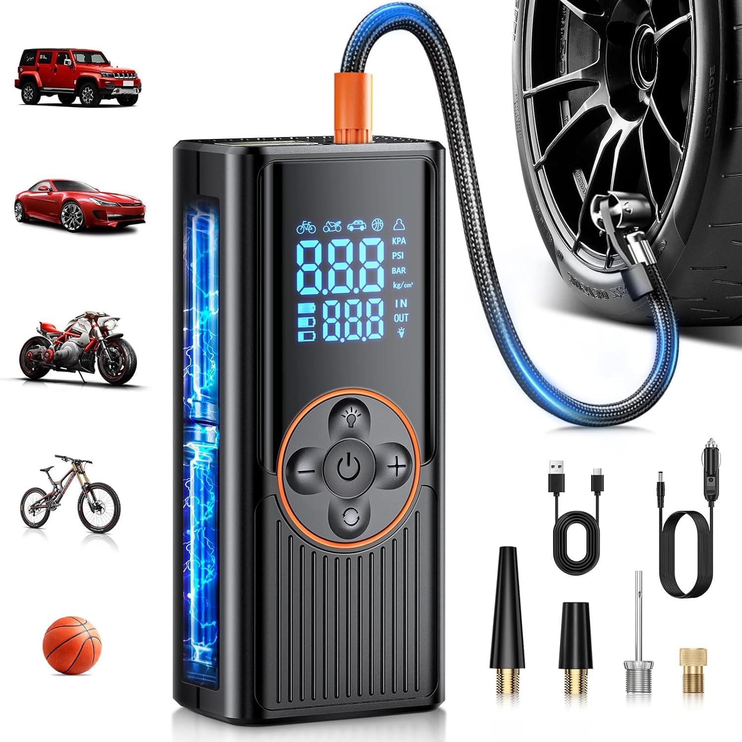 Compressore Aria Portatile per Auto 8000mAh, 150PSI Gonfiatore Elettrico a Doppia Alimentazione Ricaricabile con Display Digitale e Luce LED, Spegnimento Automatico, per Auto, Moto, Bici, Palloni