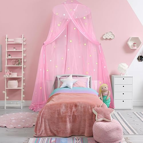 Miniatura 2 de MACEVIA Toldo de cama para niñas, toldo de princesa con estrellas brillantes, toldo de decoración de guardería para cama de niños, cama de bebé,