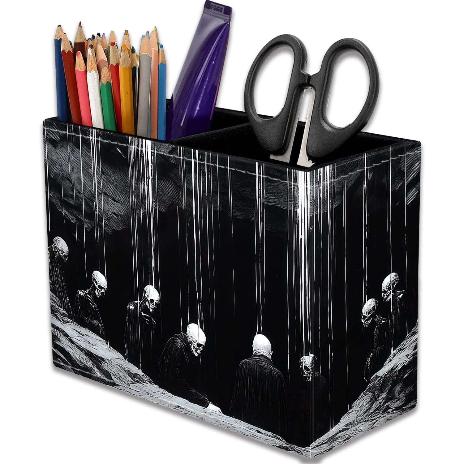 VSHSEEOM Gothic Cave Ghost Vintag Pencil Holder for Desk, PU Leather Multifunctional Mobile Pen Holder Desktop Organizer Makeup Brush Holder for Classroom, Office and Home