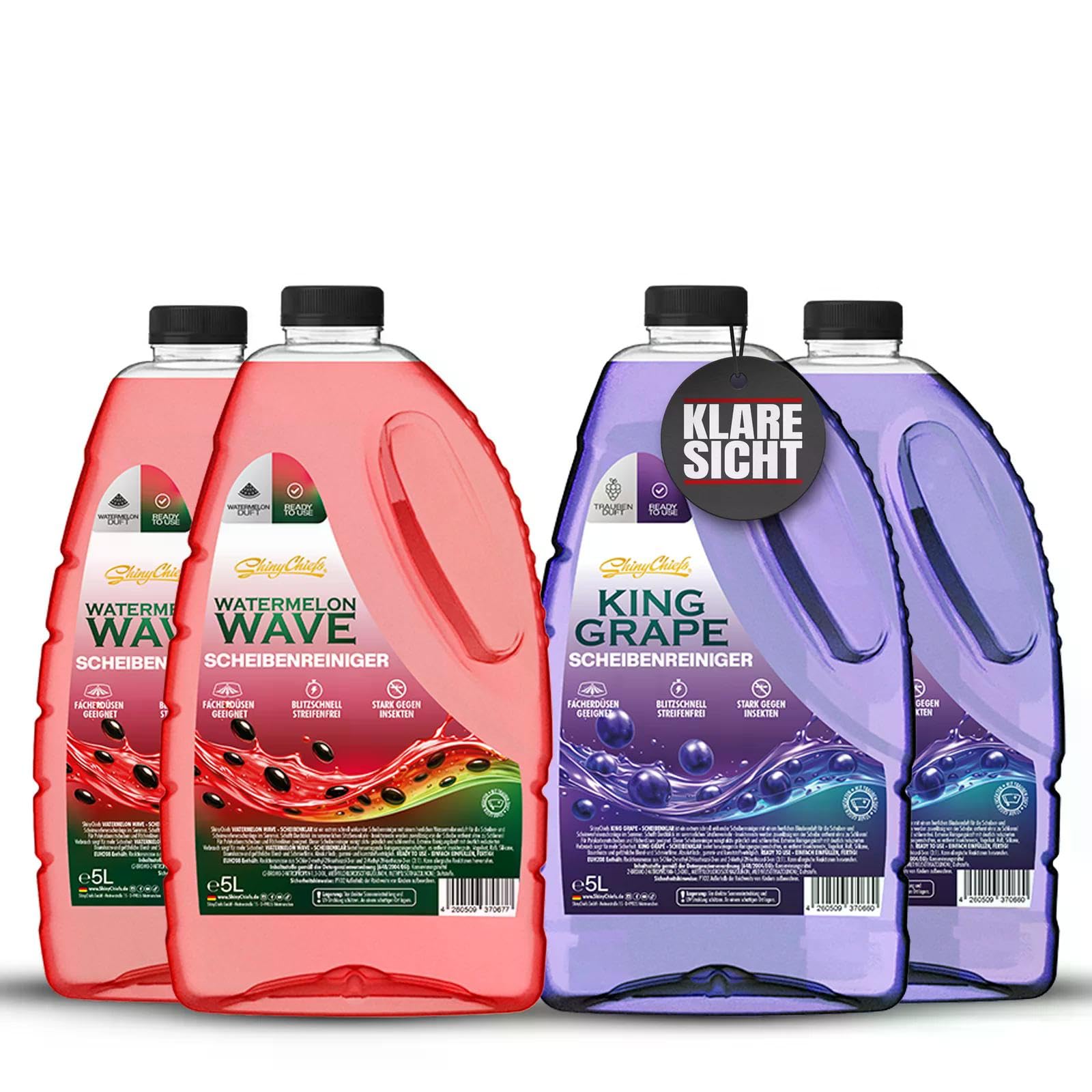 ShinyChiefs Scheibenklar Bundle 4x5 Liter | 2x WATERMELON WAVE & 2x KING GRAPE - Ready to Use Sommer Scheibenwischwasser mit Duft