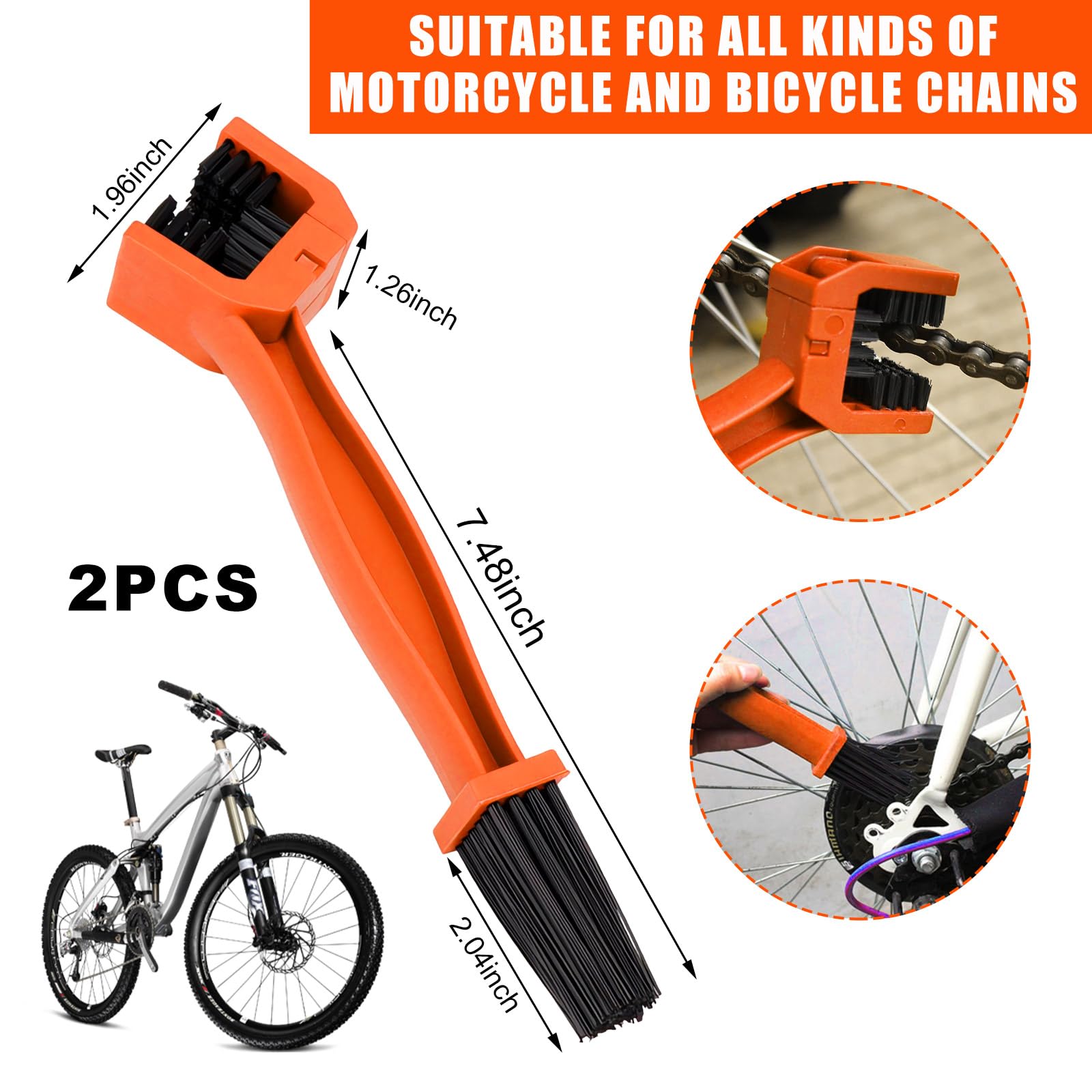 Suvnie 2 PCS Motorcycle Chain Brush, Gear and Chain Cleaning Tool with Double-Ended Brushes, Chain Maintenance Cleaning Scrubbing Brush for Motor, Bicycle, Motorcycle Accessories (Orange)