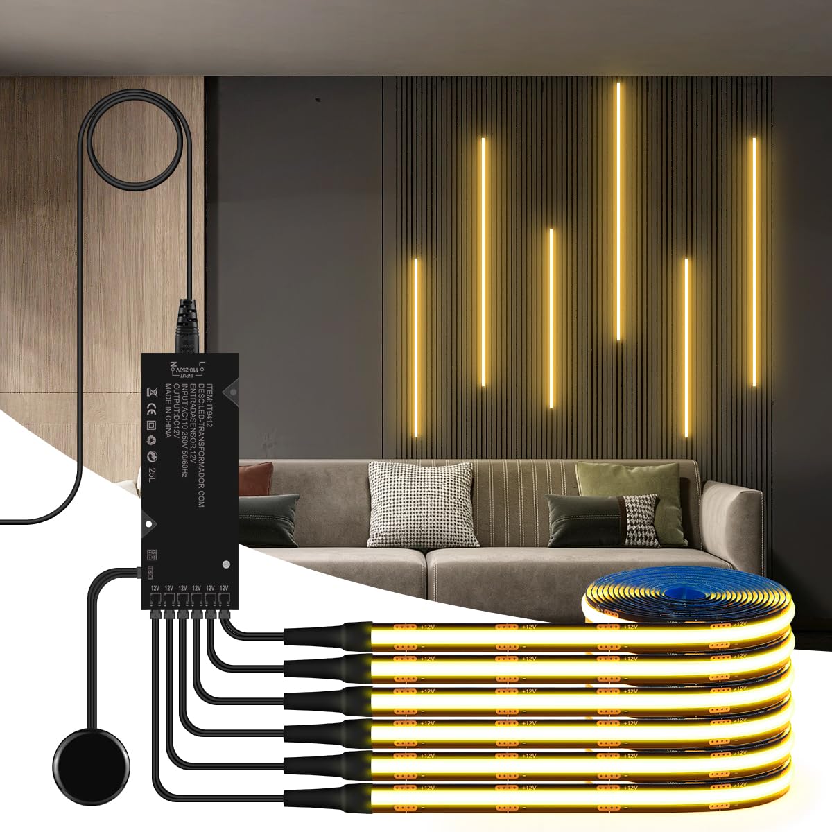 Éclairage d'Armoire LED Noir – Bandeau Lumineux avec Variateur Tactile pour Panneaux Acoustiques, Vitrines, Cave à Vin et Murs Insonorisés (6, Lumière chaude 3000 K, 9.9ft（3M）)
