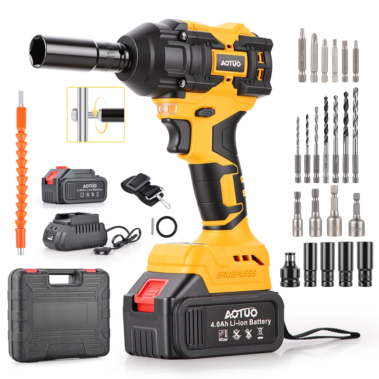 Llave de Impacto Inalámbrica , 400N.m 21V 3 en 1 Pistola de Impacto Brushless Parada Automática 2 Baterías 4.0Ah Atornillador y Taladro de Impacto de 1,6kg para Bricolaje y Muebles 29 Accesorios