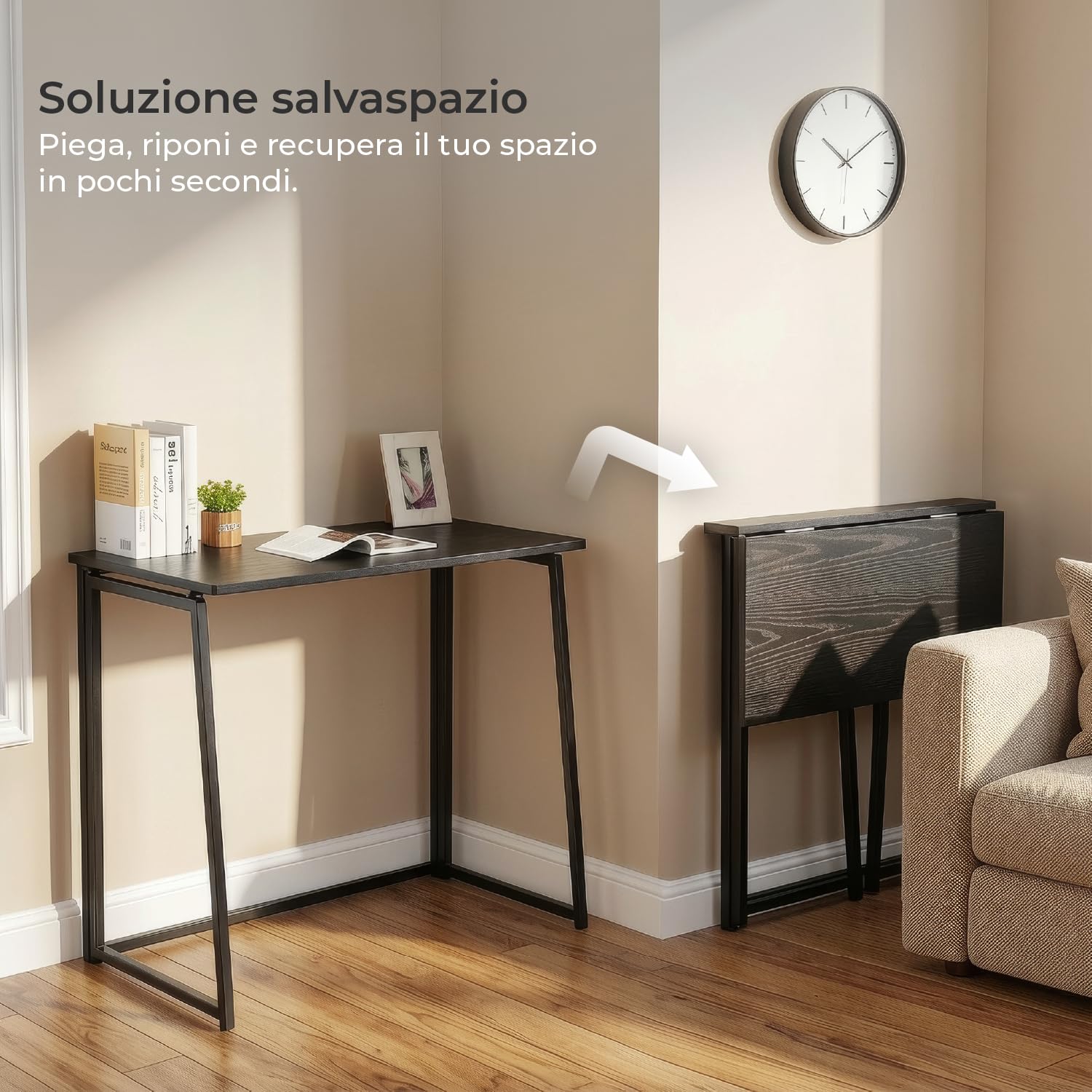 MEUBLE COSY Scrivania per Computer Pieghevole Postazione di Lavoro per Ufficio, Studio, Piccoli Spazi, Facile da Montare, Struttura in Metallo, Nero, 80x44x74cm