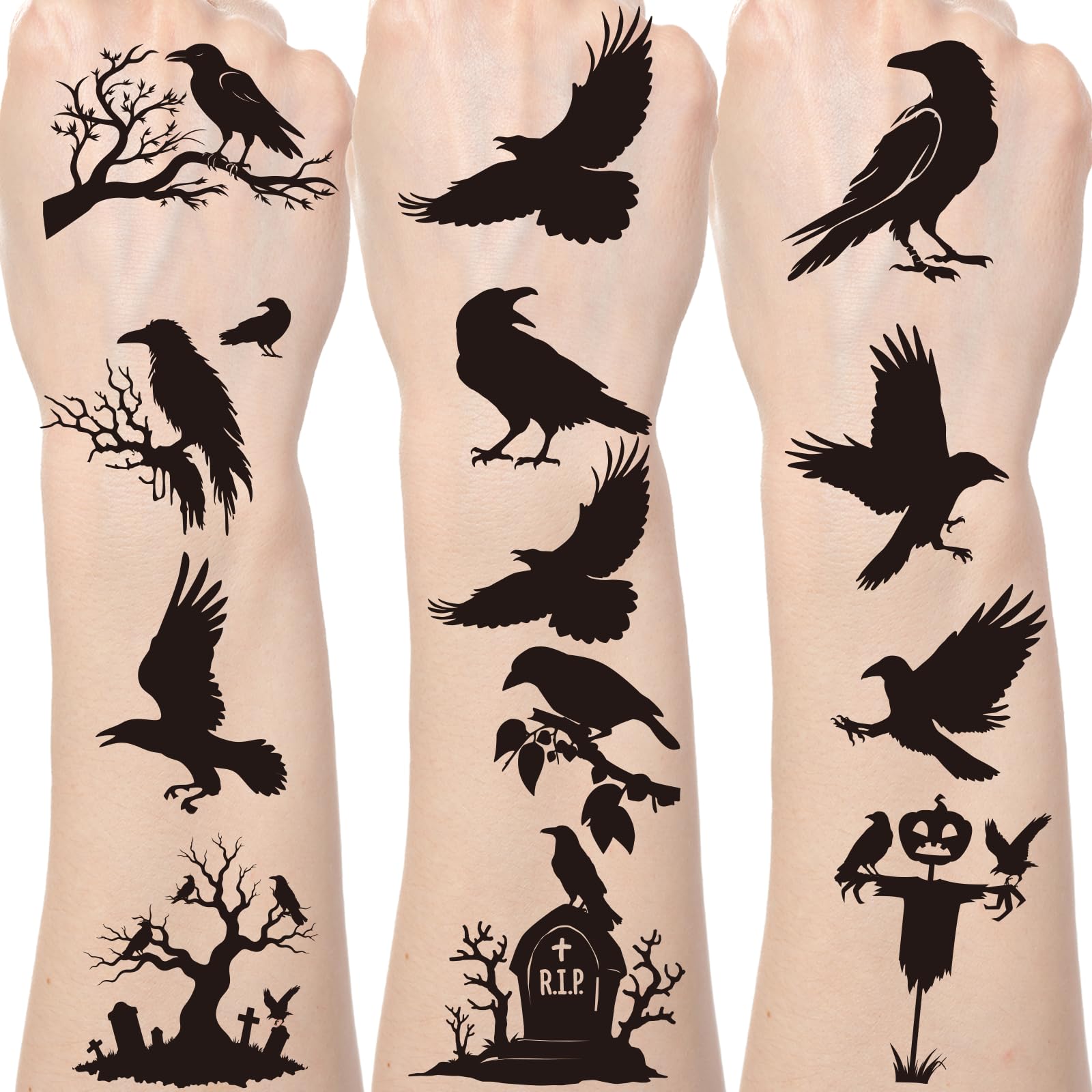 Yoyuspy Crow Temporary Tattoos Stickers - 200+ Gothic Crows Birthday Party Decorations Favors Supplies Goth Black Raven Bird Tattoo Stickers Gifts