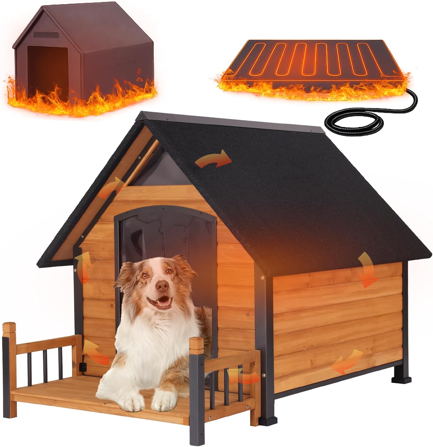 Suumerpety Large Heated Outdoor Dog House Insulated, Dog Kennel with Front Porch, Thermostat-Controlled Heating & 6-Sided Insulation, Chew-Proof Metal Frame Cozy Winter Shelter for Medium & Large Dogs