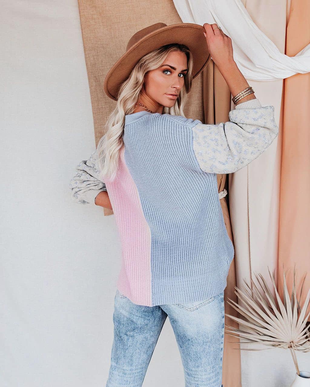 ANCAPELION Women’s V Neck Sweater Pullover Leopard Long Sleeve Basic Color Block Jumper Casual Knitted Tops - Image 2