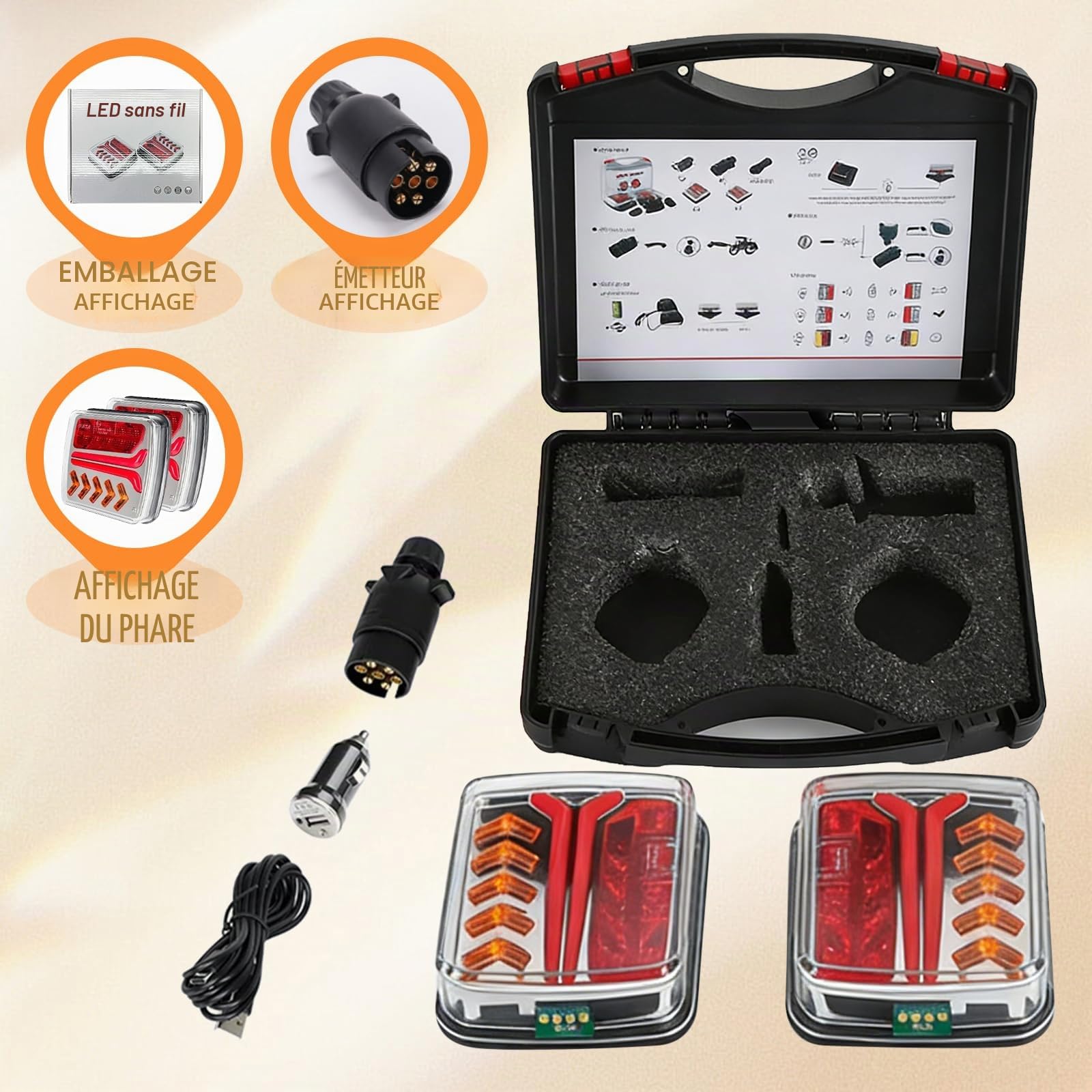 Feux arrière LED remorque sans fil, 12/24V Ensemble feux arrière à télécommande magnétique avec feux stop, clignotants, feux de position et éclairage plaque d’immatriculation, Étanche IP65 pour camion