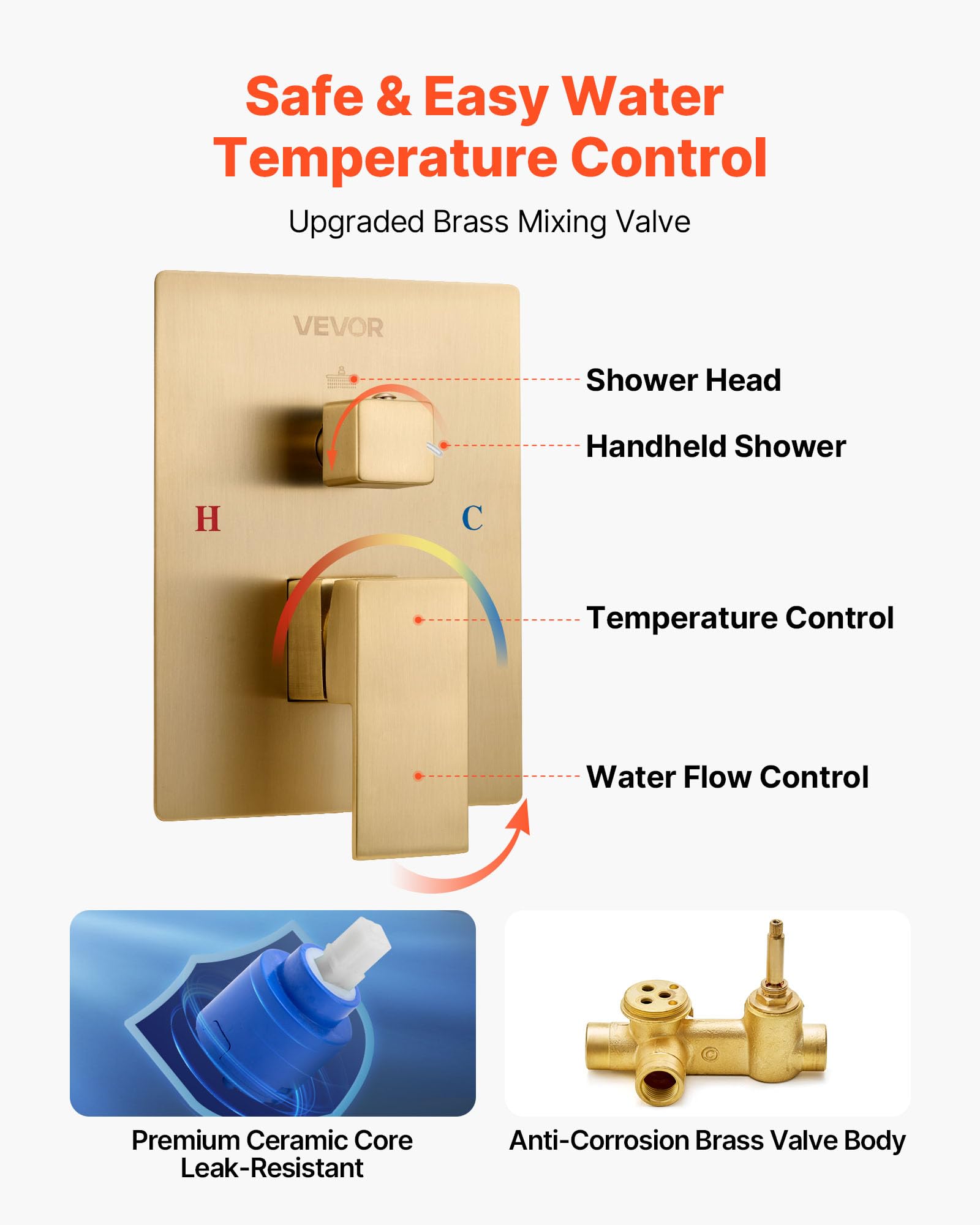 VEVOR Set Doccia, Sistema Doccia a Pioggia per Bagno con Soffione Quadrato da 30,5 cm e Doccetta, Accessori per Vasca da Parete con Valvola in Ottone e Kit di Finitura, Oro Spazzolato