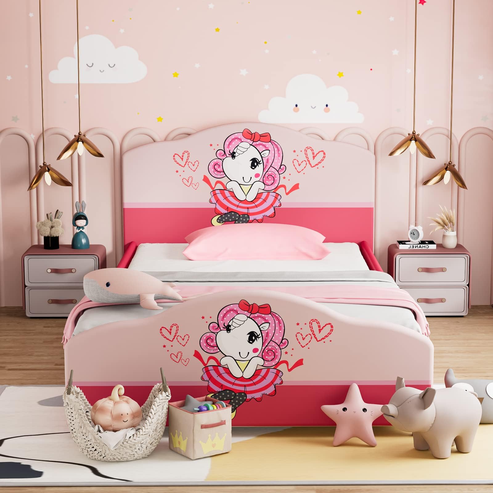 HONEY JOYTwin Bed Frames for Kids, Toddler Wooden Twin Bed Platform w/Headboard & Slat Base, No Box Spring Needed, Children Bedroom Furniture for Boys Girls, Fits Standard Twin Mattress, Girl