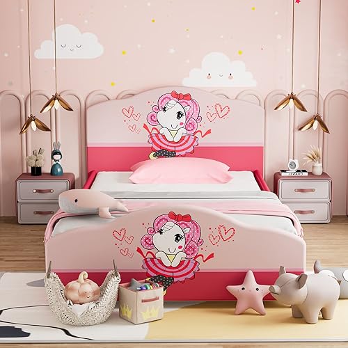 Miniatura 72 de HONEY JOY Marco de cama individual para niños, plataforma de cama individual de madera con cabecera y base de listones, no necesita somier, muebles