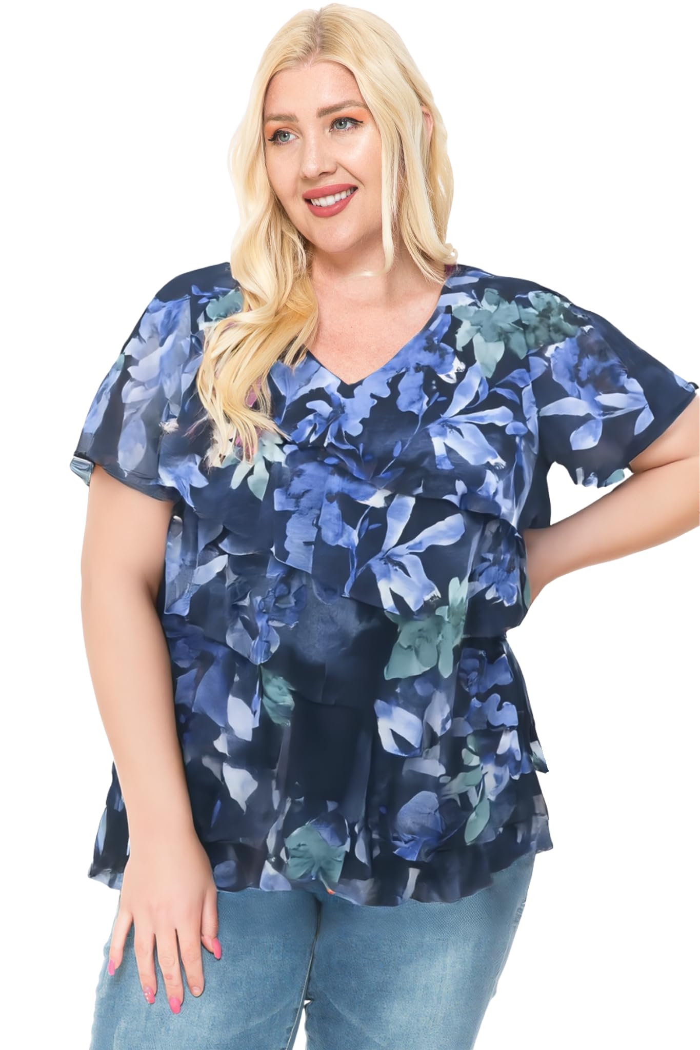 LEEBE Women and Plus Size Printed Mesh Ruffle Top (Small-5X)