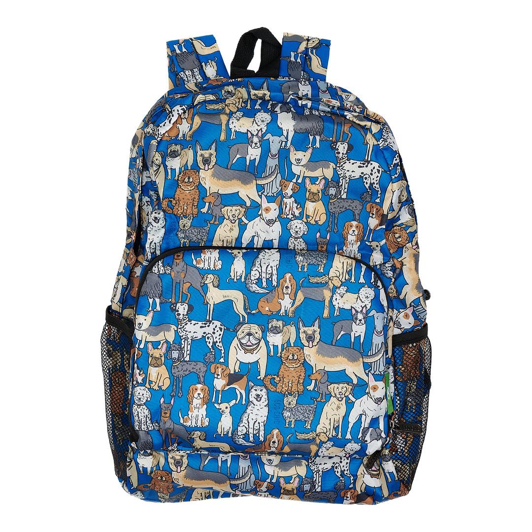 ECO CHIC Lightweight Foldable Water Resistant Backpack Rucksack Folds into Pouch for Storage (Dogs Blue)
