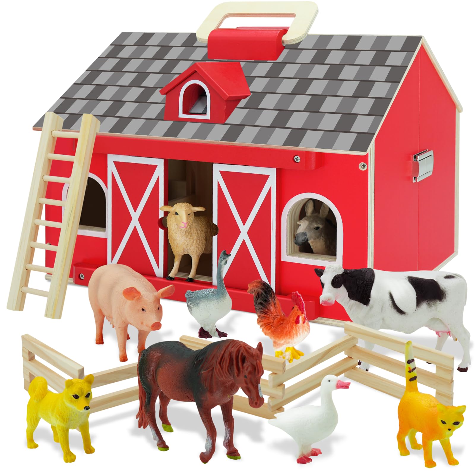 Juguetes de animales de granja con granero de madera grande portátil para niños a partir de 3 años, 10 figuras de animales de gran
