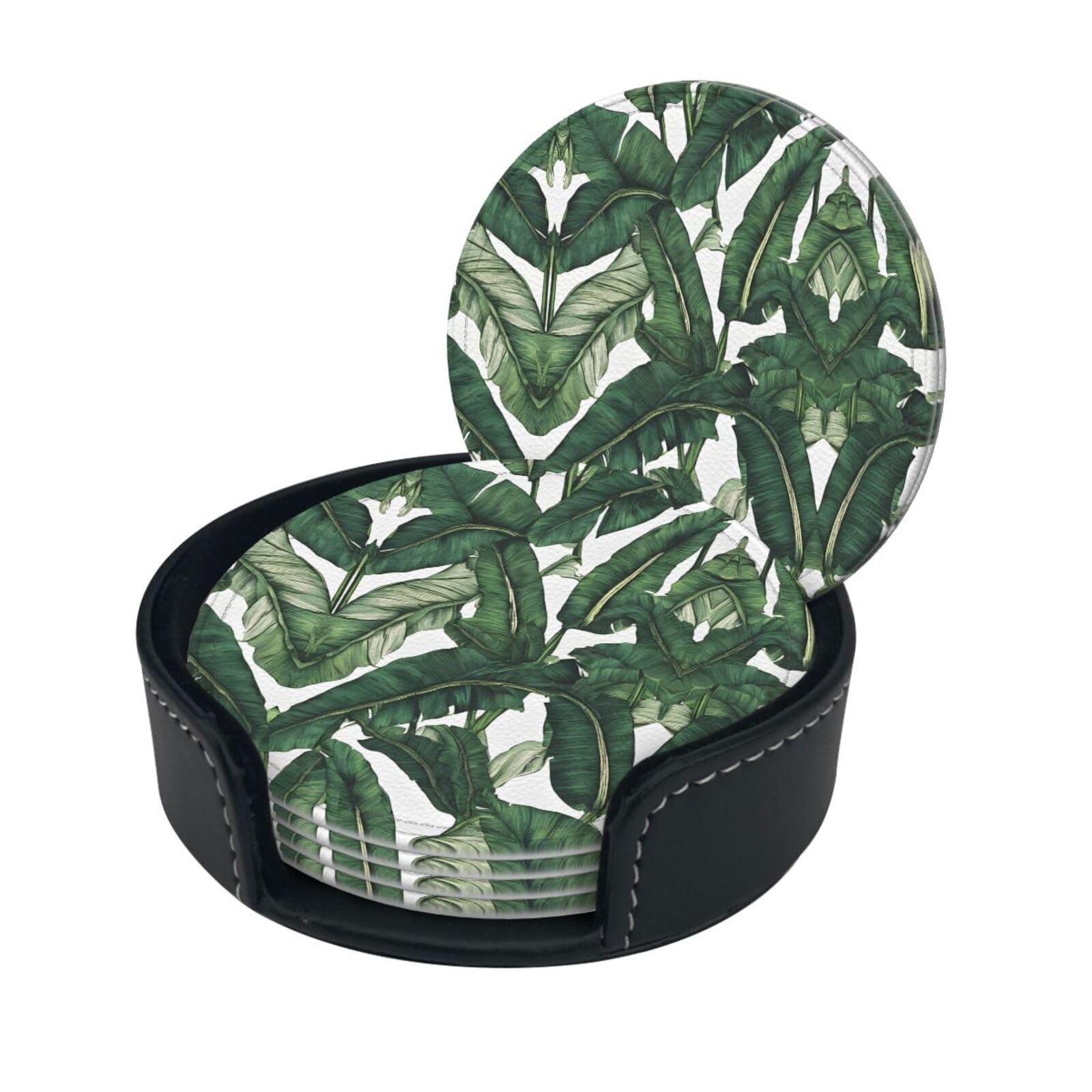 Tropical Banana Palm Leaves Print Coaster,Round Leather Coasters with Storage Box for Wine Mugs,Cold Drinks and Cups Tabletop Protection (6 Piece)