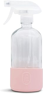 Just Like Joan Clear Glass Spray Bottle with Silicone Sleeve â€“ 16 oz. Reusable Container â€“ Zero-BPA Refillable Sprayer â€“ Non-Slip Bottom Cover (Blush Pink)