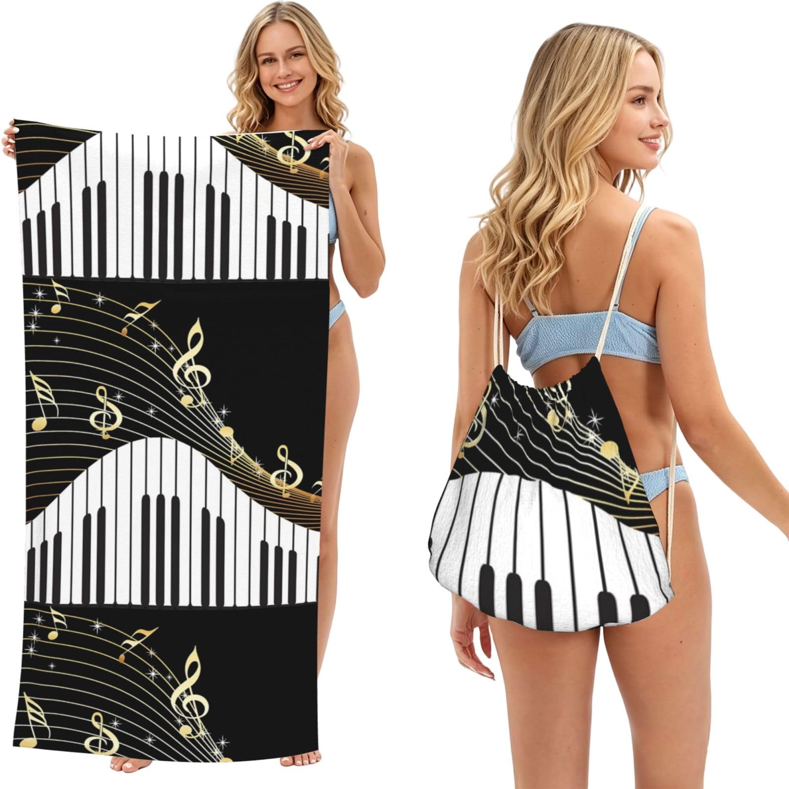 Poadnly As Picture Piano Keyboard Music Note, 2 In 1 Packable Towel Bag, Beach Towels With Drawstring Backpack For Travel Holiday Camping
