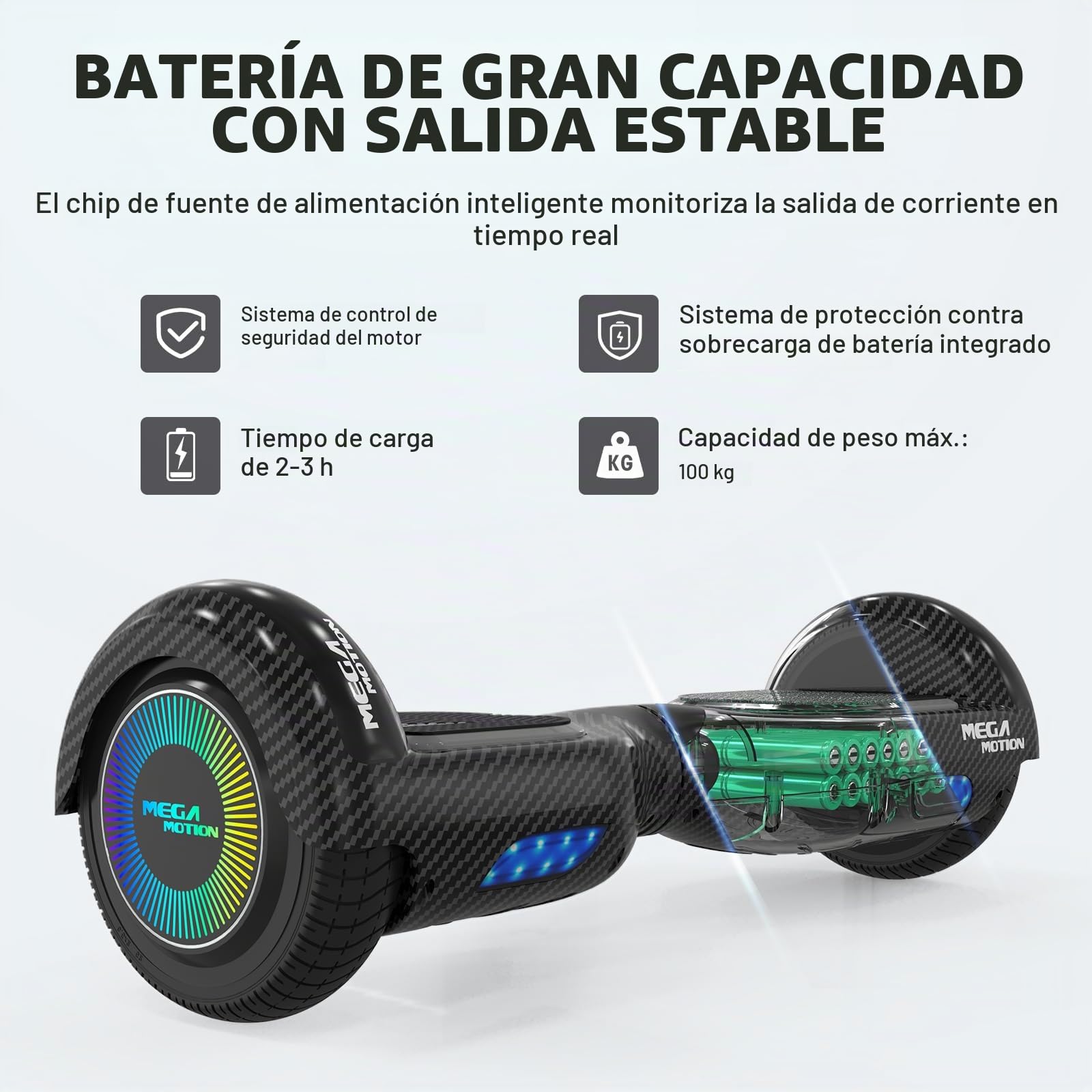 MEGA MOTION Hoverboards para Niños, Hoverboards 6,5 Pulgadas con Altavoz Bluetooth, con Luces LED, Regalo para Niños y Adolescentes