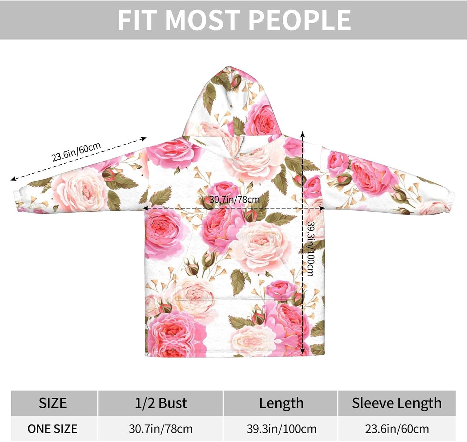 MUSM Rose Flower Print Blanket Hoodie Fleece Sweatshirt Blanket With Sleeves And Pockets