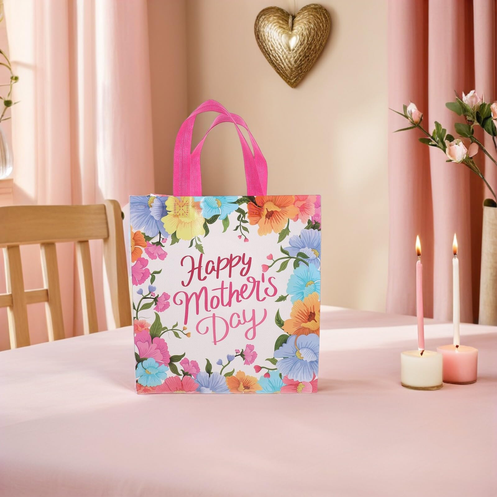 UTHCLO Bolsas de Obsequio Día Madre 24 Piezas Bolsa No Tejida con Asas Diseño Floral Tamaño Mediano para Envolver Regalos Dulces y Recuerdos de Fiesta para Mamá y Abuelas