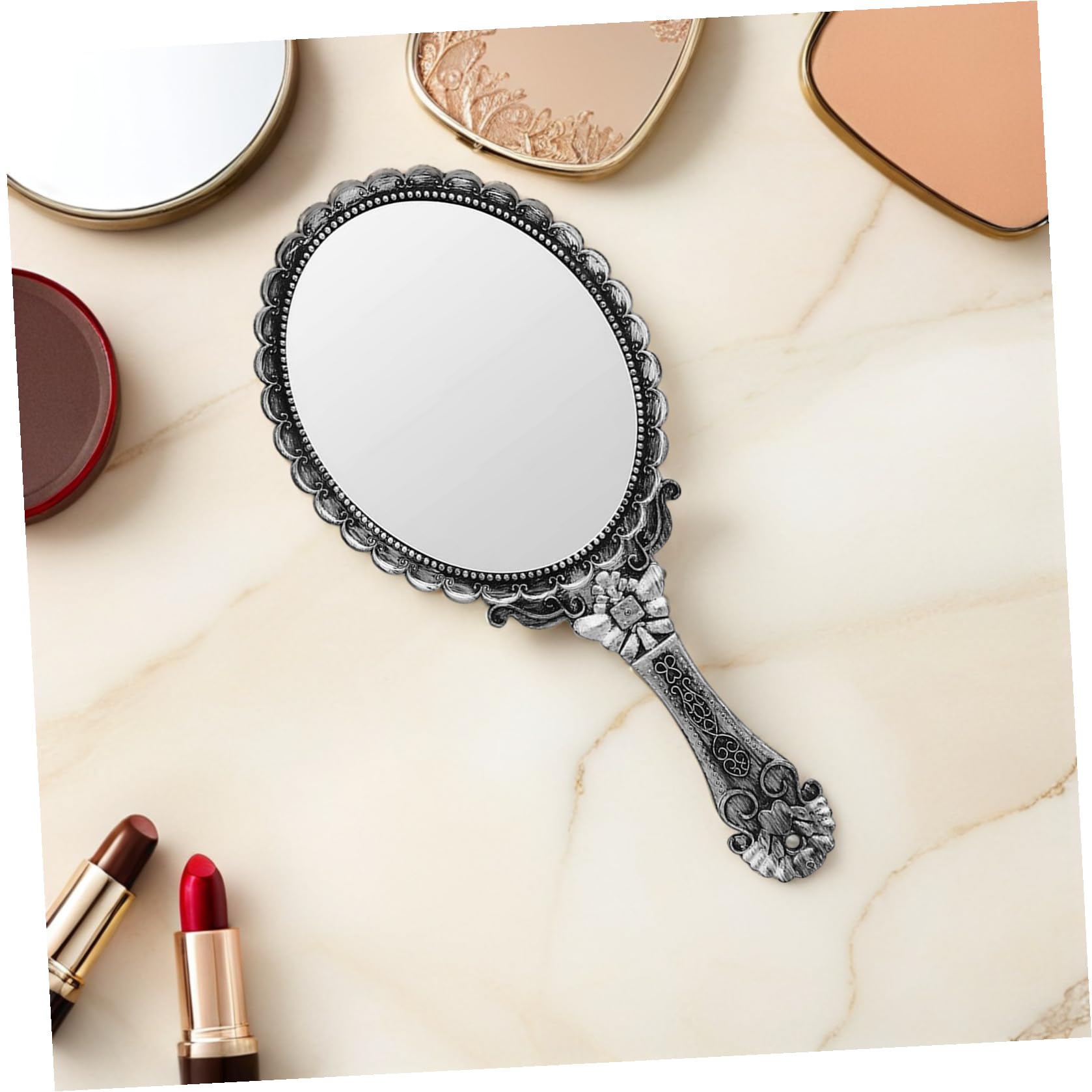 PACKOVE Vintage Kosmetikspiegel für Damen mit Griff Tragbarer Schminkspiegel aus Abs und Glas Eleganter Handlicher Spiegel für Reisen und Zuhause Robust und Stilvoll