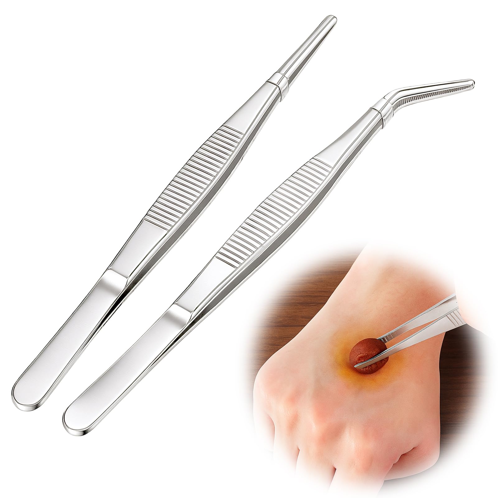 Pinzas Sanitarias de Acero Inoxidable 14 cm 2 Unidades Antideslizantes Punta Fina y Ancha Quirúrgicas