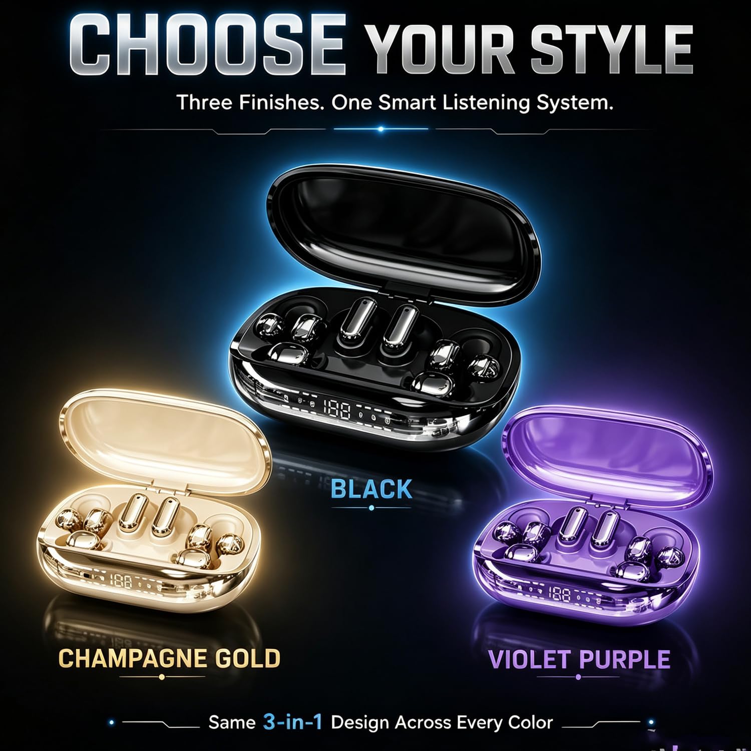 Auricolari wireless Bluetooth 6 in 1, con clip intercambiabili, auricolari in-ear e sleep con custodia di ricarica ricaricabile, controllo APP EQ, display digitale LED, cuffie a bassa latenza per