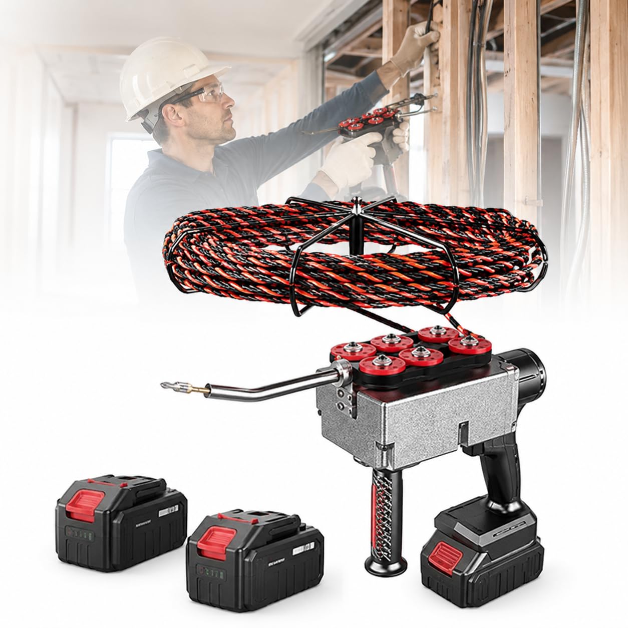 Cordless Electric Fish Tape Threading Tool, Brushless Motor Automatic Wire Puller Stepless Speed Regulation & Auto Winding Storage, 40m/Min High Speed Cable Threader Wall Pipe Wiring dualbattery