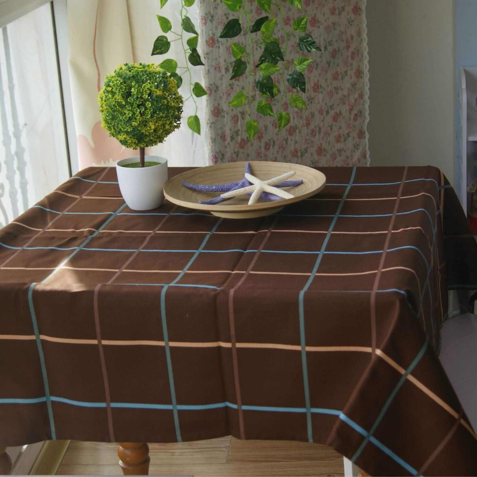 Mantel Antimanchas y Lavable Rectangular Marrón para Terraza, Patrón de Cuadros, de Algodón Lavable, 140 x 180 cm, Mantel para Patio