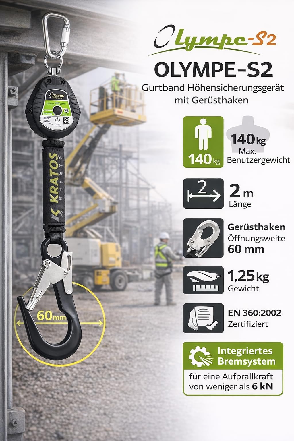 Kratos Safety Olympe-S Gurtband, Höhensicherungsgerät mit Gerüsthaken, Bandfalldämpfer und integriertem Bremssystem, Fallfaktor 2, Länge 2 m, EN360, PSA