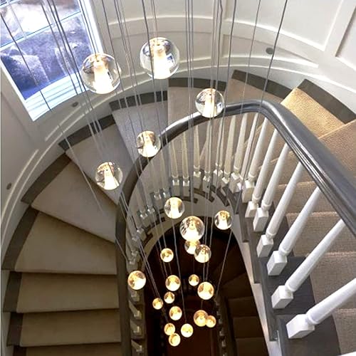 24 Head LED Crystal Ball Chandelier Lights,Modern Transparent Crystal Ball Spiral Staircase Lighting,High Ceiling Crystal Chandeliers Suspension Lighting,Include G4 Bulbs,For Villa,Stairs, Foyer 3000K